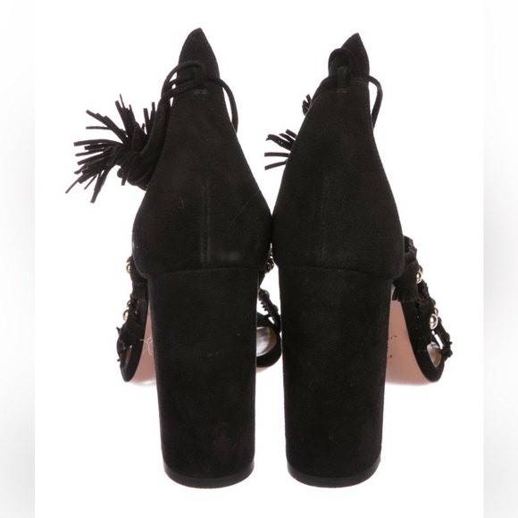Aquazurra Block Heel Lace Up Heel 6.5 Talum black Suede Gold Studs Tulum - Picture 3 of 12